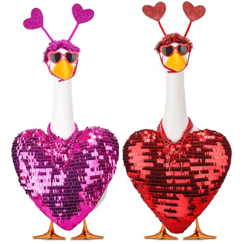 Abbylike 2 Sets Valentine's Day Porch Goose Outfits Love Heart Yard Goose Clothes Costume Fits Large 23'' Cement for Garden Yard Statue Pathway Decorations - style: Xoxo Valentine's Day