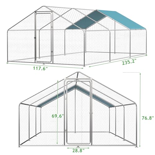 Chicken Coop Run, 19.6 x 9.8 x 6.4ft Metal Chicken Coop | Chicken Runs for Yard with Waterproof UV-Resistant Cover, Walk-in Outdoor Chicken Enclosure for Farm and Backyard - size: 235.2"L x 117.6"W x 76.8"H