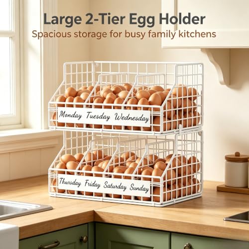Egg Holder Countertop, Large 2T Chicken Egg Basket for Gathering Fresh Eggs | Egg Storage Organizer with Adjustable 5 Divider & Label, Stackable Wall Mounted Egg Collecting Basket Rack, XXL White - color: 2T XXL White