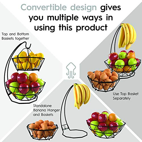 Fruit Basket with Banana Hanger and Fruit Bowl. Kitchen Counter Fruit Bowl with Banana Holder used as Bread, Vegetable or Produce Basket, Egg Holder, 2 Tier - size: 2-Tier