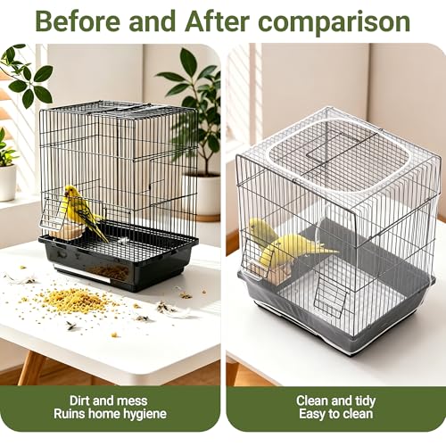 Birdcage Cover Seed Catcher - Blocks Over 90% Splashes & Mess | Set of 2 breathable mesh nets (14.56"H, 86.6"-94"girth). Use on indoor parrot setups to stop escaping and trap molting dander
