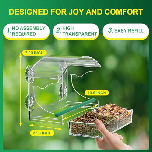 Clear Acrylic Window Bird Feeder for Outside with 4 Strong Suction Cups and Detachable Seed Tray, Highly Transparent Outdoor Viewing Birdfeeder, Wild Bird House Box