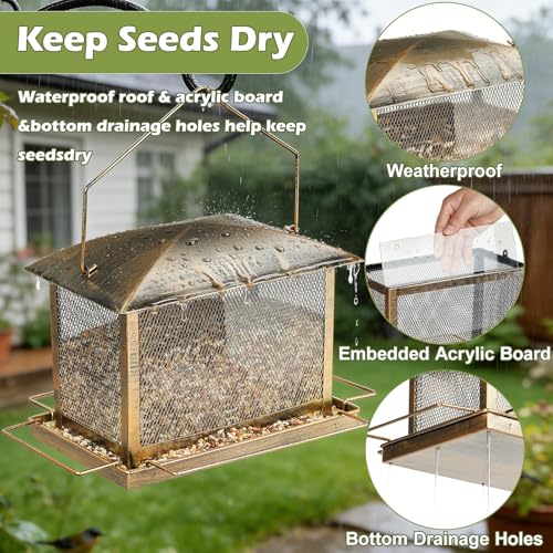 Bird Feeder, 6LB Large Capacity Bird Feeders for Outdoor Hanging | Heavy Duty Metal, Waterproof, Drain Holes, 4 Perches, Easy to Fill, Wild Birdfeeder, For Garden Yard Outside Backyard - size: Horizontal, 6 pounds