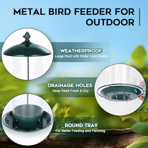 Metal Bird Feeders for Outdoors Hanging, Weather Resistant Wild Bird Feeder with 360 Degree Feeding Tray, Green, 2 Pack - color: Green