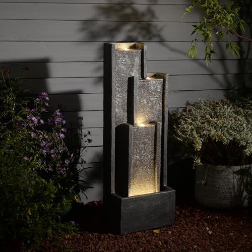 39" Modern Water Fountain Outdoor – Tiered Grey Rectangle Outdoor Waterfall Fountain with LED, Indoor Water Feature for Lawn Garden Porch or Backyard Decor, Resin patio water fountains outside - color: Gray-39 in