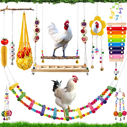 11PCS Chicken Toys for Coop Accessories - Chicken Xylophone Toy, Chicken Mirror, Chicken Ladder Bridge, Coop Swing, Vegetable Hanging Chicken Feeder, Chewing Foraging Toys, Gifts for Hens - size: 11pcs