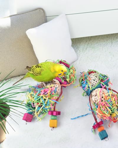 Bissap 2PCS Bird Parrot Foraging Shredder Hanging Toys Sola Balls Sepak Takraw with Pacifier for Small Parrots Parakeets Conures Cockatiels Love Birds Cage Toy - size: 2 PCS