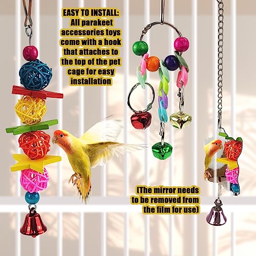 Parakeet Toys,7 Pcs Colorful Bird Toys for Parakeets,Pet Bird Cage Hammock Swing Climbing Ladders Chewing Toy Mirror Hanging Bell Wooden Perch for Budgerigar,Conures, Love Birds,etc | Swing Climbing Ladders Chewing Toy Mirror Hanging Bell Wooden Perch, fo
