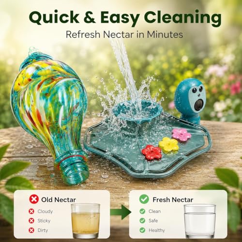 Hummingbird Feeder with Camera, Solar Powered 2K Smart Bird Feeder | AI Bird Recognition, Solar Powered, 2K Camera, Hand-Blown Glass Design, Leak-Proof, Bee Resistant, Easy to Clean