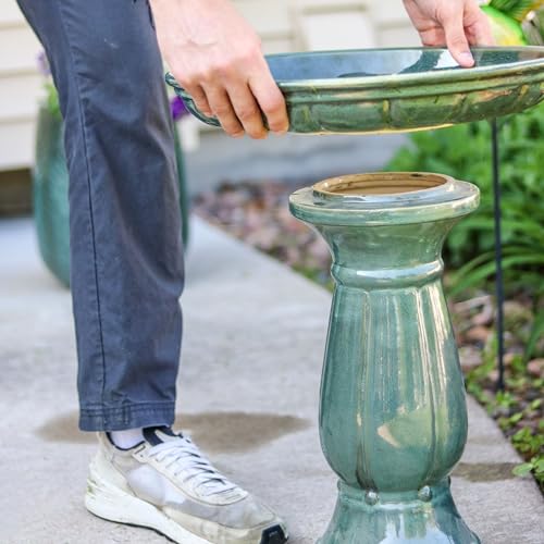 Sunnydaze Ceramic Bird Bath for Outdoors, 18” H, Green Mist | UV-Resistant, Glazed Finish, Pedestal Bird Bath Holds Up to 10 Cups of Water, Easy Assembly, Sturdy Bird Bath for Outside - style: Green Mist Glaze