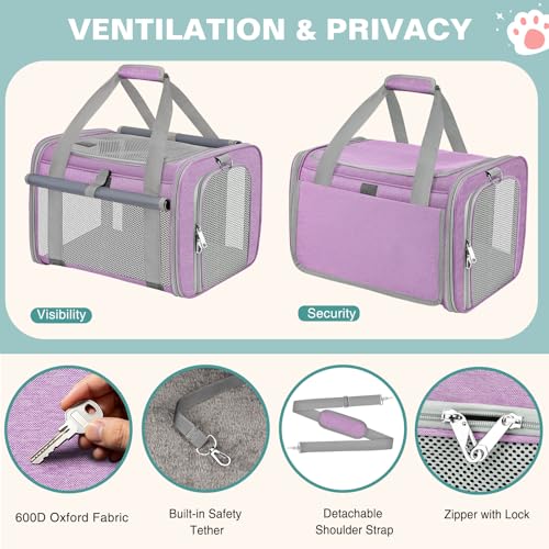 Cat Carrier Airline Approved Privacy Portable Top Load Pet Travel Bag | Soft Sided Pet Carriers for Small Cats Dogs Puppy up to 16 Lbs,Collapsible,Zipper Lock,Luggage Sleeve,2 Storage,Washable - color: Purple