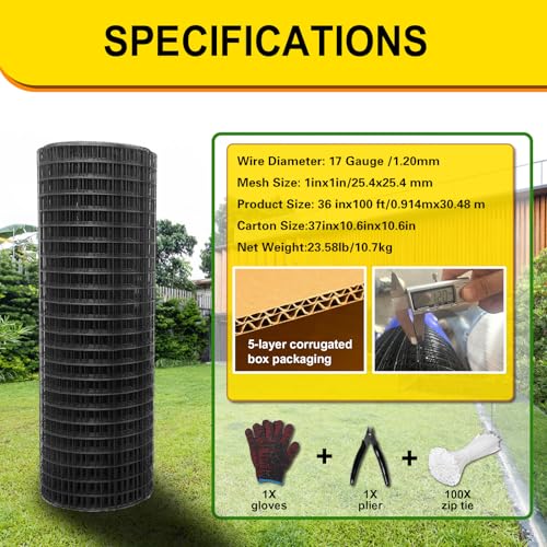 Black Hardware Cloth 1inx36inx100ft, Chicken Wire Fencing, 17 Gauge, Vinyl PVC Coated Mesh, Welded Wire mesh, Perfect for Gopher Wire, Rodent Mesh, Tree Guard, Chicken Coop - size: 1inx36inx100ft