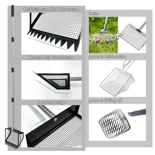 Paulno Chicken Coop Rake and Scoop 2-in-1 Chicken Poop Scooper | 62" Adjustable, Stainless Steel Sifting Shovel, For Sand, Animal Waste, Heavy Duty Dog Pooper Scooper, For Coops & Pets