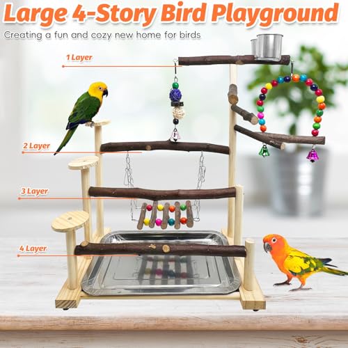 Kathson Wood Bird Playground Parrot Play Stand Bird Stand with Feeder Cups Birds Perch Stand with Ladder Hanging Swing Chewing Toys Conure Cage Accessories for Parakeet Conure Lovebird Cockatiel - size: Three floors