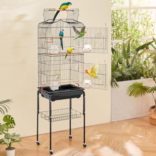 VEVOR 64-inch Open Top Large Parrot Bird Cage with Detachable Rolling Stand for Parakeets Finches Canaries Lovebirds Cockatiels Budgies Small Quaker Conures Flight Birdcage with Swing and Perch - size: 18.0"L x 14.0"W x 59.5"H