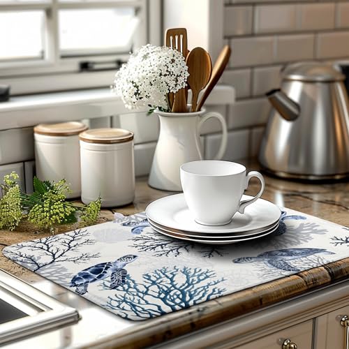 Summer Nautical Coastal Dish Drying Mat for Kitchen Counter Ocean Coral Sea Turtle Drying Rack Mats Beach Blue Dishes Drainer Mat Absorbent Microfiber Large Dish Draining Pad 18x24 Inch - color: Coastal Turtle, size: 18" x 24"
