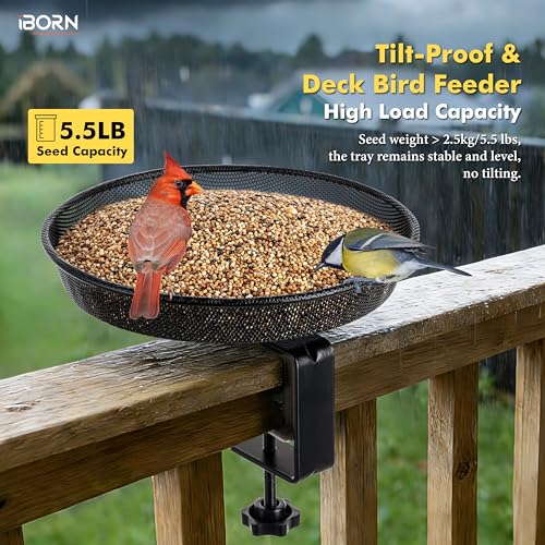 iBorn Deck Bird Feeders for Outdoors,Platform Bird Seed Tray with 5.5 lbs Capacity,Balcony Porch Railing Bird Feeder, Drainage Mesh Holes,Tilt-Proof, Windproof, Anti-Loosen, Easy to Refill&Clean,Black