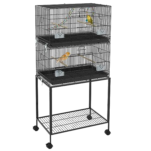 PawHut Double Stackable Bird Cage with Stand for Canaries, Lovebirds | Wooden Swing, Rope Ladder & Wheels, Budgie Cage, Storage Shelf, Removable Tray, Wooden Perches & Food Containers, Finches