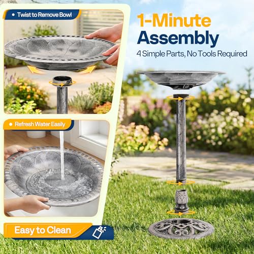 VIVOHOME Bird Bath with Solar Fountain for Outside, Pedestal, Gray | Solar-Powered Pump, Weather-Resistant Polyresin, 20-Inch Bowl, for Outdoor/Garden, Bird-Friendly, Easy to Clean - color: Gray