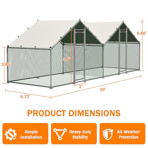 Large 2 Spire Roof Metal Chicken Coop 20×6.72×6.66FT with Run,Water-Resident Poultry Fence with Upgrade Wire Mesh and Anti-UV Cover,Walk-In Hens Pen for Yard,Outdoor Chicken Cage for Duck,Rabbit House - size: 240.0"L x 80.0"W x 79.0"H