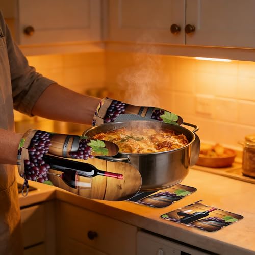 Kitchen Mitts Set,Grape Wine Bottle Oven Mitts and Pot Holders Sets,Thick Cotton Heat Resistant Farmhouse Barrel Hot Pan Holder Extra Long Cooking Mitts for Cooking Baking Grilling BBQ Bakeries - color: Grape Wine Bottle