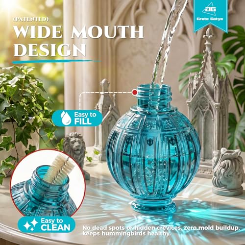 Glass Hummingbird Feeder for Outdoors Hanging, 26 fl oz Bird Nectar Feeder | 5 Metal Flower Feeding Ports, 360° Perch Ring, Easy Refill & Clean, Leakproof, Ideal for Backyard Garden Outdoor Decor, Blue - color: Blue