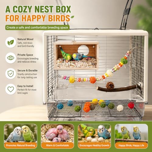 Rypet Parakeet Nesting Box, Cockatiel Bird Nest Box with Perch(S) | Wood Bird Cage House, Transparent Thwartwise Design, Warm & Durable for Cockatiel Lovebirds Budgie Finch Parrotlets Canary - size: Small
