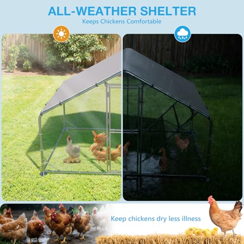 Large Metal Chicken Coop, Outdoor Chicken Run with Cover, 10 x 6.5 x 6.5 FT | Heavy-Duty Poultry Enclosure & Chicken Pen with Split Doors, Galvanized Steel Frame, Free Wire Mesh Fence and Roosting Ladder - size: 10' x 6.5'