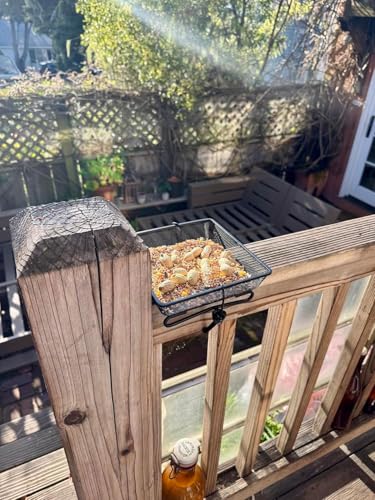8" x 8" Railing Bird Feeder Tray for Balcony/Deck/Porch Platform Bird Seed Tray with 2 Elastic Rope Ground Mesh for Garden Backyard Outside Wild Birds or Squirrels