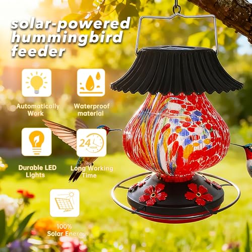 Solar Glass Hummingbird Feeder for Outdoors- 26 fl.oz Hummingbird Feeders | Best Solar Feeders with Ant Moat & Perch, 5 Feeding Ports, Wasp Leak Proof, Hand Blown Glass Color Changing Glowing in Dusk - color: Red