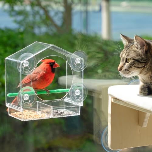 Cat Window Bird Feeder for Indoor Cats, Bird Watching TV for Cats | Clear Acrylic Outdoor Bird Feeding Station with Strong Suction Cups for Enrichment, Mental Stimulation & Boredom Relief
