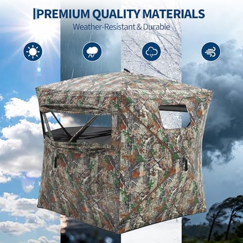 OUTLANE Hunting Blinds for Deer Turkey and Duck Hunting, Portable Hunting Tent with See Through Panels, Pop Up Ground Blind with Silent Windows, Camo Concealment, Weather Resistant Hunting Shelter - size: 58.26''x58.26''x64.96''