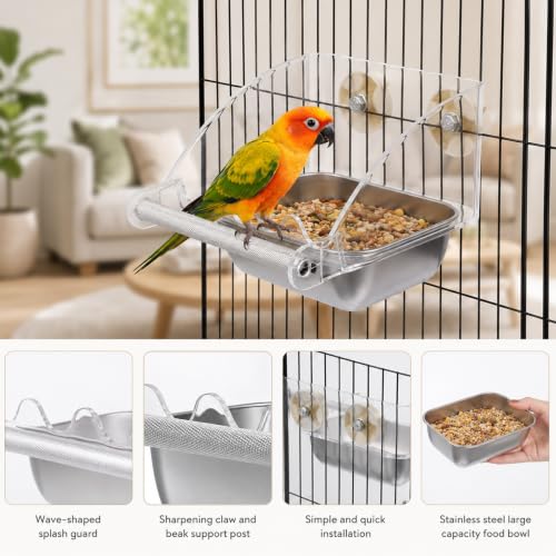 No Mess Bird Cage Feeder Large Capacity Stainless Steel Bird Feeder | No Mess Birds Food Bowl Stainless Steel Birds Bowls with Anti-Slip Perch Stand for Parakeets Budgies Parrots Cockatiels