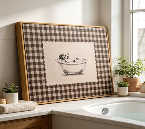 Floating Framed Vintage Dog Stripe Bathroom Canvas Wall Art, Dachshund in Bathtub Painting Picture Wall Decor, Retro Funny Bath Gingham Poster Print Artwork for Toilet, Home Decoration 8x10in - color: cute dog, size: 10"L x 8"W