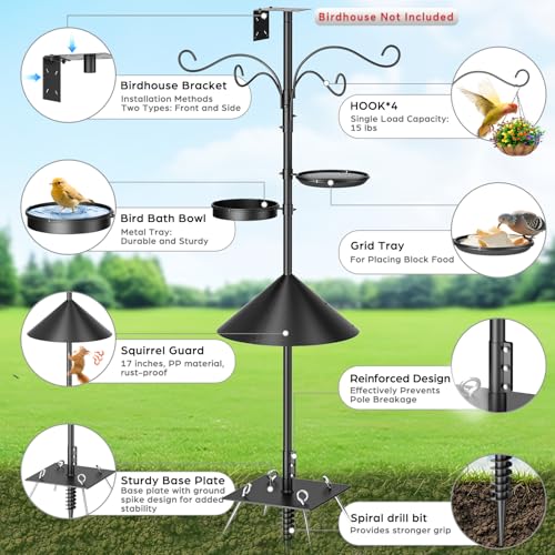 Upgraded Heavy Duty Bird Feeder Pole, 92 Inch Squirrel Proof Adjustable Bird Feeding Station,1 Inch Dia Bird House Pole, 4 Shepherd Hooks for Feeder Stand, Includes Water Bowl & Mesh Tray - size: 92inch