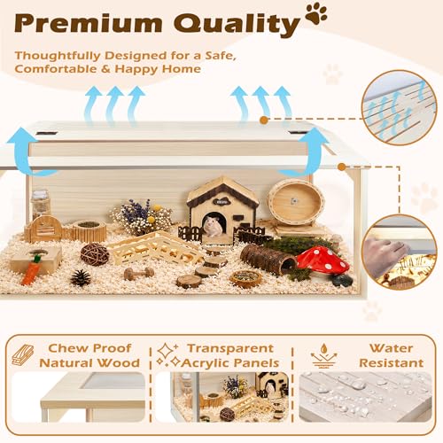 PROLEE Hamster Cage with Chewproof Wood Top, Guinea Pig Cages, Hamster Habitat with Clear Acrylic Sheets Solid Built, Small Animal Cage (Oak, 48X19.5X19.5 inch) - color: Oak, size: 48.0"L x 19.5"W x 19.5"H