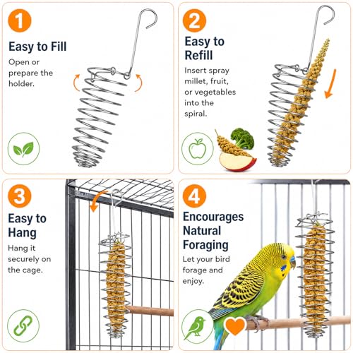 Millet Holder for Bird Cage, 2 Pack Spray Millet Treat Holder | Stainless Steel Hanging Parrot Foraging Feeder Toy, Fruit Vegetable Basket for Parakeet Cockatiel Conure African Grey