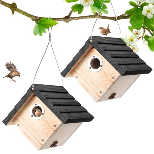 Dreyoo 2 Pack Wren House, 1-1/8'' Entrance Hole Hanging Wooden Wren Bird Houses for Outside with Metal Guard, Air Vents, Pine Wood for Chickadees (Black,Wood Color) - color: Black, Wood Color