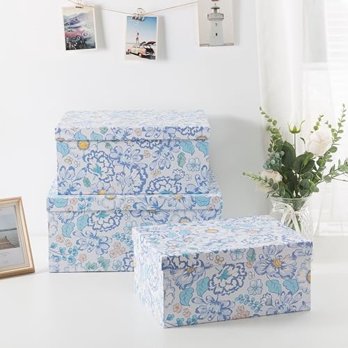 Soul & Lane - Sky Meadow Decorative Storage Boxes with Lids, Set of 3 | Floral Paperboard Nesting Containers for Keepsakes, Memories and Photos, Large Gift Set Boxes for Presents and Decor - color: Sky Meadow