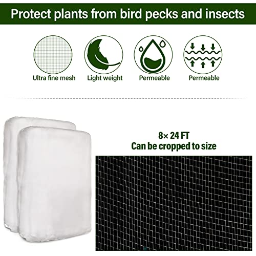 Woanger 2 Set Garden Netting Kit for Raised Beds Ultra Fine Mesh Netting with 100 Hoops 72 Clips 80 Connectors for Garden Row Cover Vegetable Flowers Protection Barrier Plant Covers(8 x 24 ft) - size: 8 x 24 ft