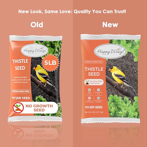 Happy Wings 5LB Thistle Seed Bird Food, 100% Natural, Extra Clean, No Grow | Oil Rich, High Fat & Energy Content, Single Grain, USDA & BRC-GS Approved, Finches, Sparrows, Chickadees, Cardinals, No Mess
