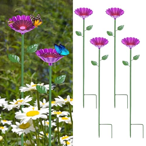 M METERXITY 4-Pack Bee Watering Station, 64cm/25 Inch Iron Bee Bath for Garden Water Feeder, Colorful Butterfly Bath Bowl for Outdoor/Garden/Yard Decor [Rose Red] - color: Magenta