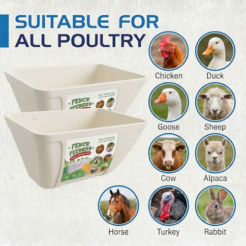 Hanging Chicken Feeder Waterer Heavy Duty BPA-Free Plastic Feed Trough, Fence Mount Livestock Feeding Bucket, Backyard Poultry Farm Supplies for Duck, Turkey, Goat, Sheep, 2 Pack, White - color: White