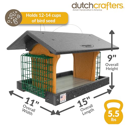 DutchCrafters Poly Hanging Large Hopper Bird Feeder with Two Suet Cake Holder Cages, Durable Long Lasting Outdoor Bird Feeder - Amish American Made in USA (Black & Cedar) - color: Hanging - Black & Cedar