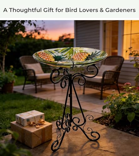 Large Glass Bird Bath with Metal Stand, Pineapple | 18" Wide Bowl, 3.2" Bathing Depth, Thick Glass Construction, Stable 3-Leg Base, Easy Clean Surface, Garden Decor