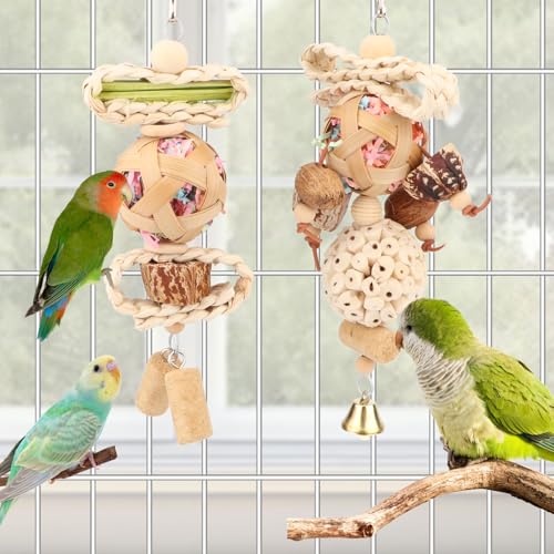 Wontee Bird Toys Colorful Shredding Crinkles Foraging Toys Natural Sola Ball Chew for Cockatiels Conures Parakeets Budgies Senegal (2 Pack) - size: 2 Pack