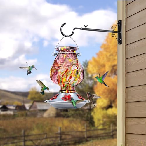 Hummingbird Feeders for Outdoors Hanging, Hand Blown, Purple, 22oz | Glass Hummingbird Feeder with Ant Moat, 5 Bee-Proof Ports, Leak-Proof, 360° Perch, Garden Decor, Gifts for Women Men Mom Dad - color: Purple
