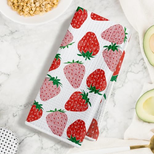 2 Pcs Strawberry Kitchen Towels, Summer Fruits Waffle Weave Hand Towels | Red Absorbent Microfiber Dish Cloth Tea Towel for Kitchen Home Decor, Strawberry Gifts for Women Mom Grandma 24x14 Inch - color: Multi 1386