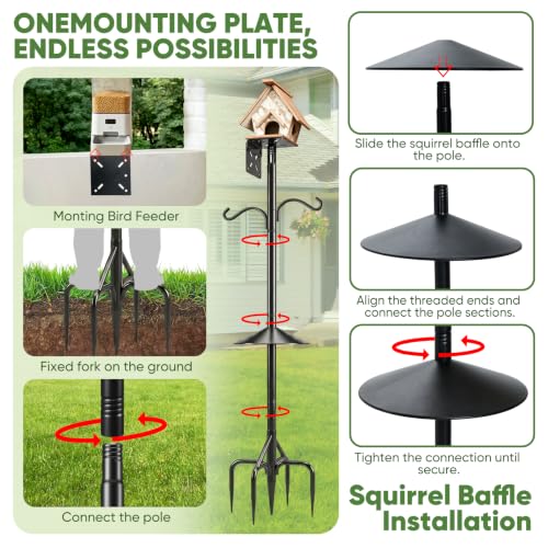 Bird Feeder Pole & Birdhouse Pole with Squirrel Baffle - 76 Inch Heavy Duty 1-Inch Diameter Metal Mounting Kit for Smart Bird Feeders, Patio & Garden Bird House not Included(with Two Hooks) - size: 76in With two hooks