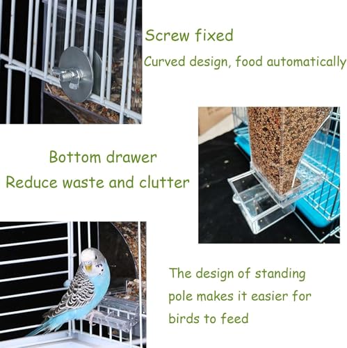 kathson No-Mess Bird Cage Feeder Automatic Parrot Feeders Seeds Container Acrylic Finch Foraging Feeders Parakeet Food Dispenser Cage Accessories for Small Birds Canary Budgie Lovebirds - color: Blue+Clear